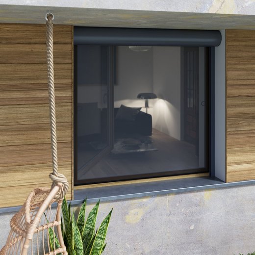 Moustiquaire cadre fixe pour fenêtre avec volet roulant, Brun